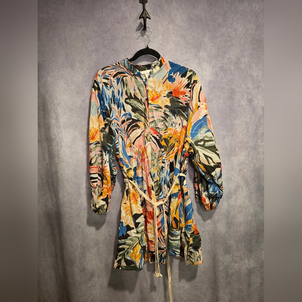 H&M Multicolor Floral Print Long Sleeve Shirt Dress - Blue, Pink, Yellow, Green